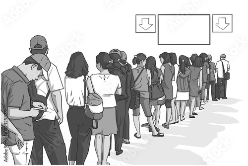 Illustration of crowd of people standing in line with blank sign in perspective
