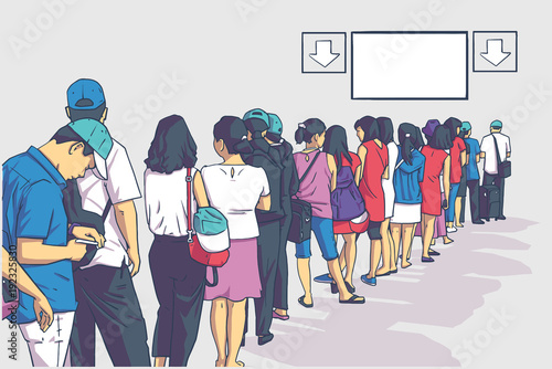 Illustration of crowd of people standing in line whit blank sign in perspective