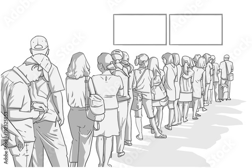 Illustration of crowd of people standing in line whit blank sign in perspective