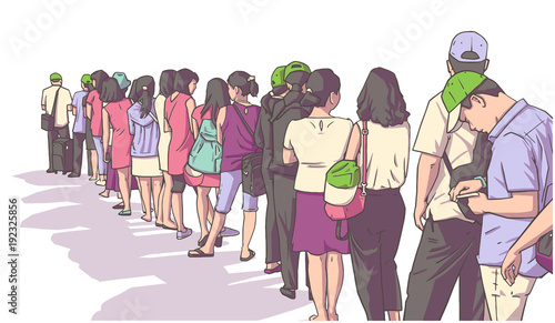 Illustration of crowd of people standing in line in perspective