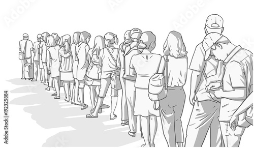 Illustration of crowd of people standing in line in perspective