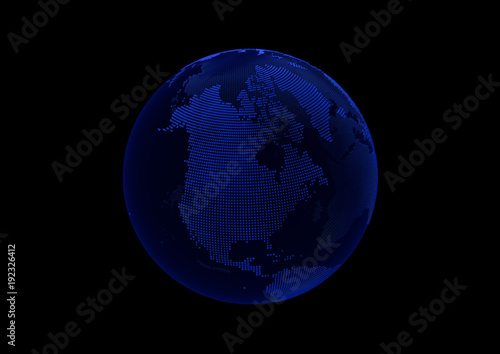Blue point world globe USA and Canada map on dark background.