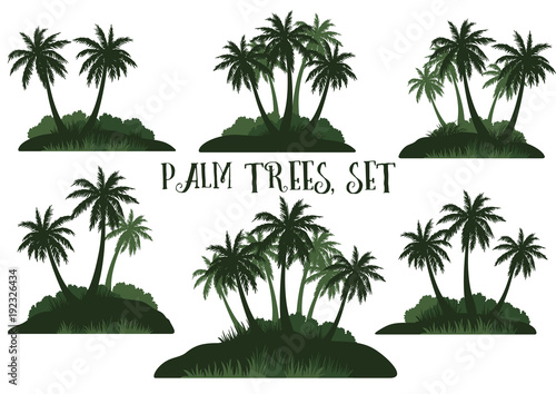 Set Exotic Landscapes, Tropical Palm Trees, Bushes and Grass Green Silhouettes Isolated on White Background. Vector