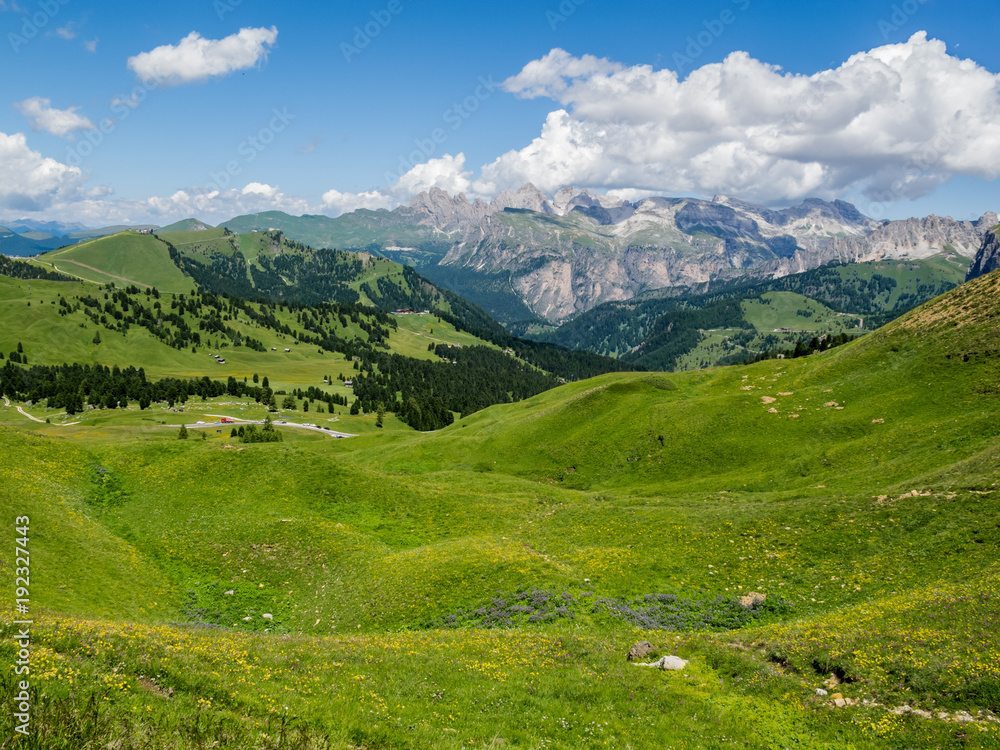 July Alpine view from the Sella Pass in the Dolomites, South Tyrol, Italy