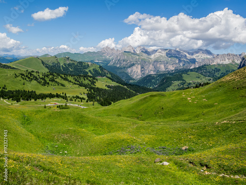 July Alpine view from the Sella Pass in the Dolomites  South Tyrol  Italy
