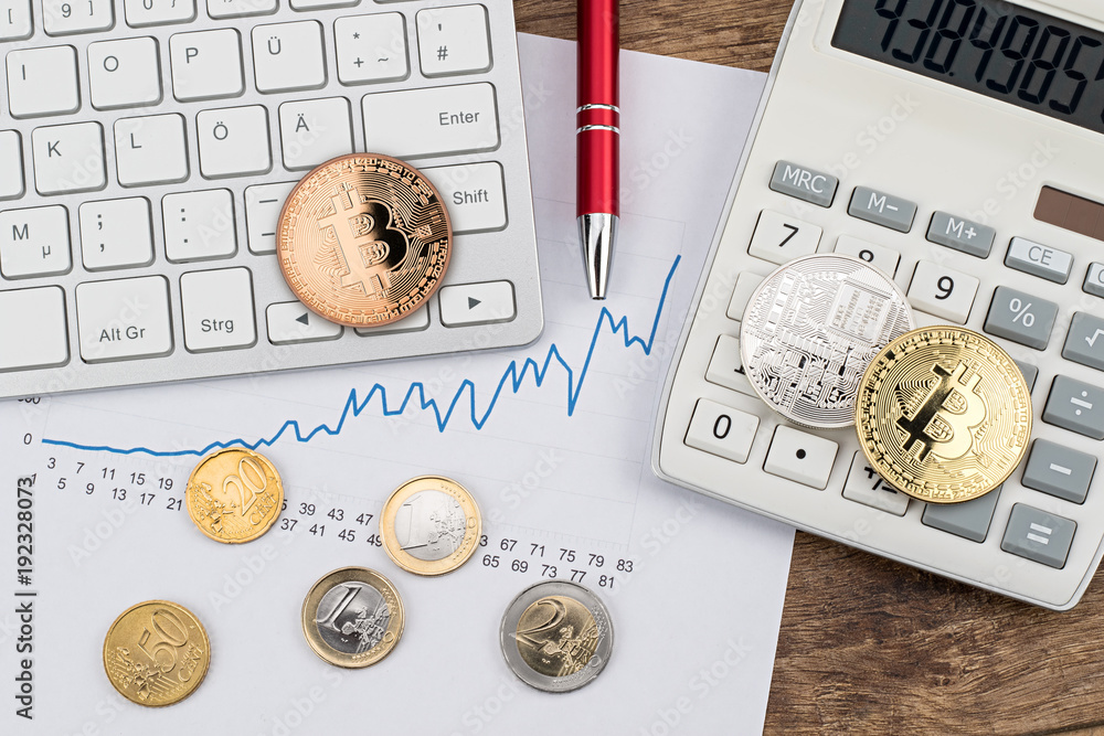 lavar combate Pasteles Bitcoin euro crypto currency exchange trading financial concept coins on  desk with calculator pen market chart and keyboard Stock Photo | Adobe Stock