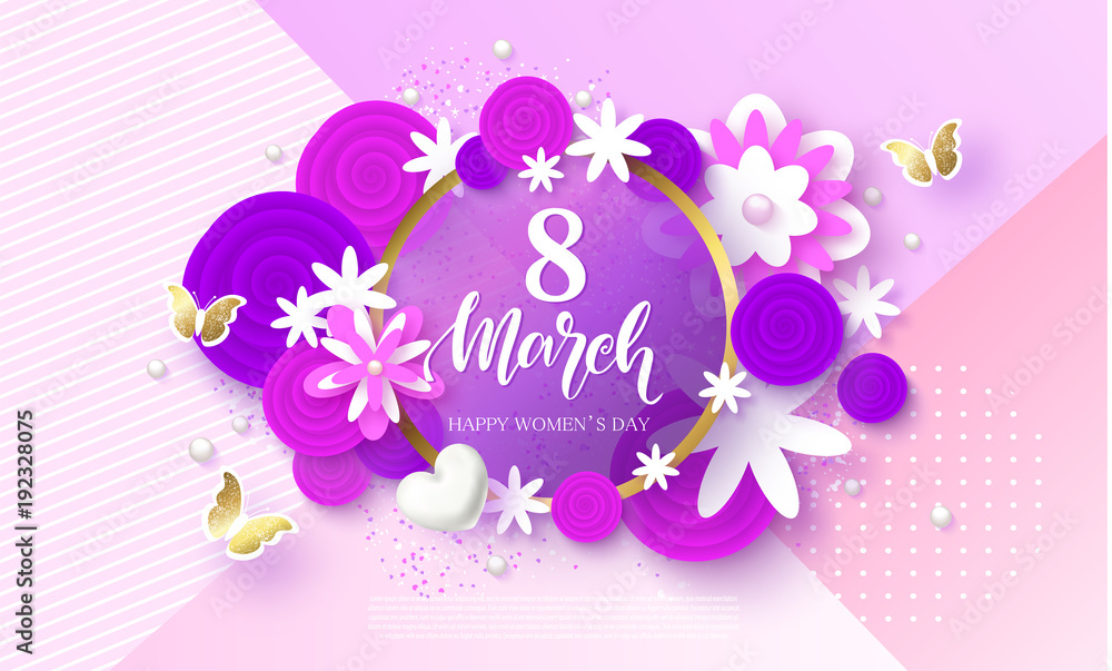 8 March Happy Womens Day Festive Card. Beautiful Background with flowers and butterflies. Vector Illustration.
