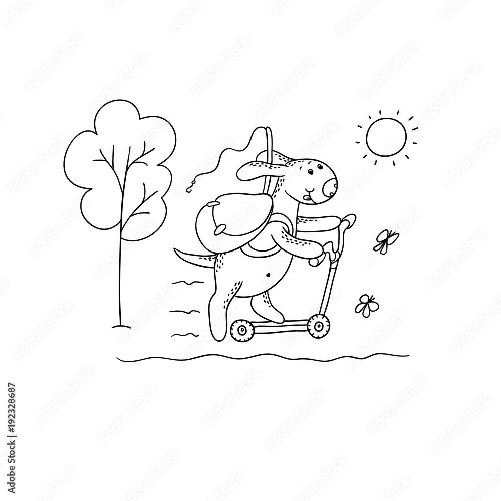 Vector black-white sketch funny cartoon puppy. Character dog rides a  scooter with a backpack and a fishing rod. A walk for outdoor recreation.  Illustration for design calendar, card. Stock Vector | Adobe