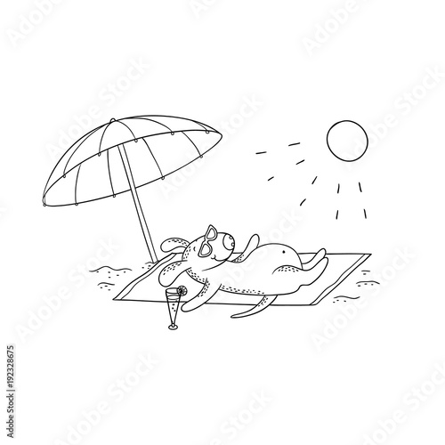 Vector black-white sketch funny cartoon puppy. Character dog sunbathing in the sun on the beach under a large umbrella. Beach rest and relaxation by the sea. Illustration for design calendar, card.