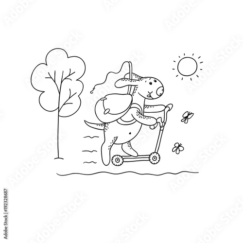 Vector black-white sketch funny cartoon puppy. Character dog rides a scooter with a backpack and a fishing rod. A walk for outdoor recreation. Illustration for design calendar, card.