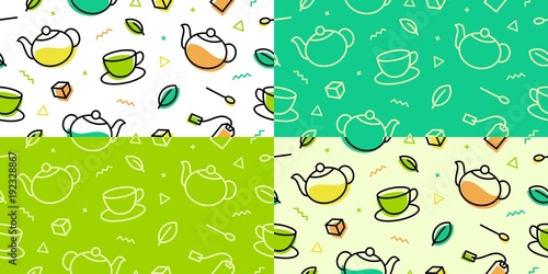 tea pattern green leaf cup pot memphis colorful outline line art seamless background wallpaper download