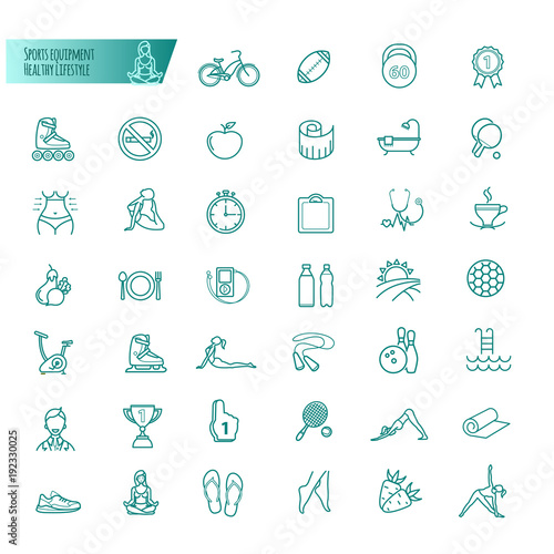 Sport, sports equipment, healthy lifestyle icons set