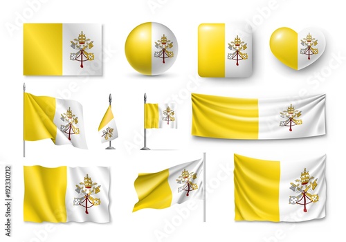 Set Vatican flags, banners, banners, symbols, flat icon. Vector illustration of collection of national symbols on various objects and state signs