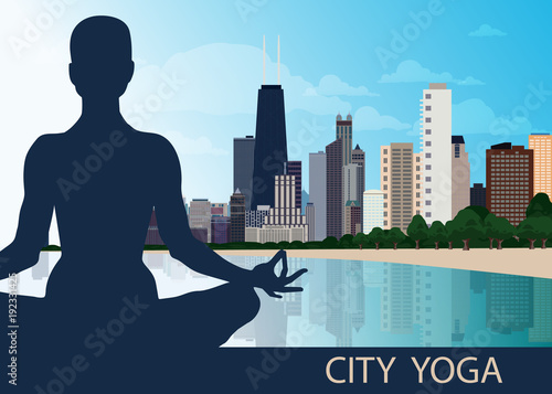 Female silhouette. Yoga lotus asana. City Chicago view, skyscrapers, blue sky, river. Concept unification of Eastern and Western traditions. Healthy lifestyle, internal balance, spirituality.