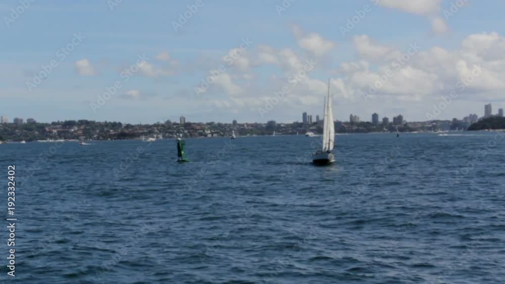 Sailing boats on Parramatta River, with the city of Sydney in the background. Moving shot from ferry boat. Sailing boats on Parramatta River, with the city of Sydney in the background. Moving shot from ferry boat.