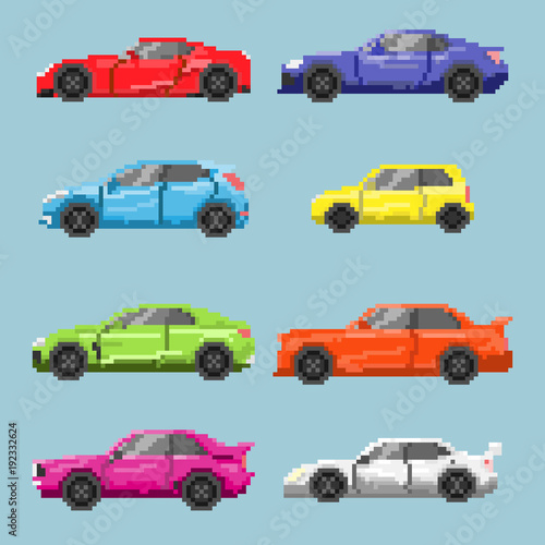 Set of pixel colored cars