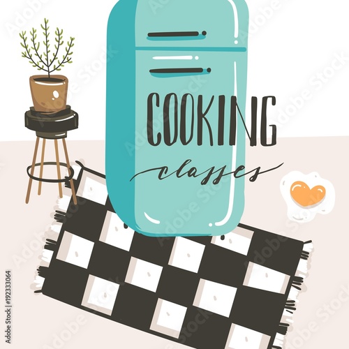 Hand drawn vector abstract modern cartoon cooking class kitchen interior illustrations poster with retro vintage refrigerator and handwritten calligraphy Cooking classes isolated on white background