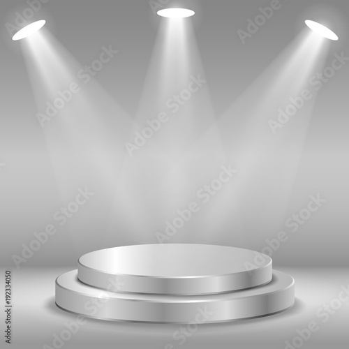 Stage for awards ceremony. Black and gray round podium. Pedestal. Scene. Spotlight. Vector illustration.