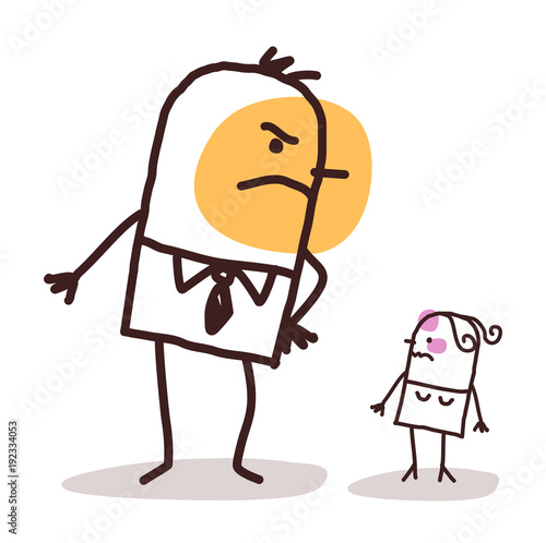 Cartoon Big Angry Man against a Small Injured Woman photo