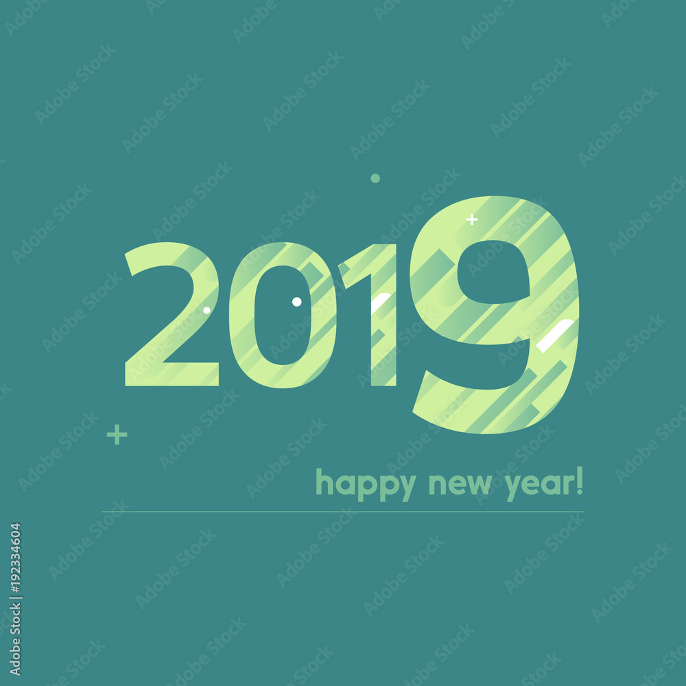 Happy New Year 2019 Vector Illustration - Bold Text with Creative Design on Blue Background - Green and White Lines, Circles, Plus Sign Happy New Year 2019 Vector Illustration - Bold Text with Creative Design on Blue Background - Green and White Lines, Circles, Plus Sign