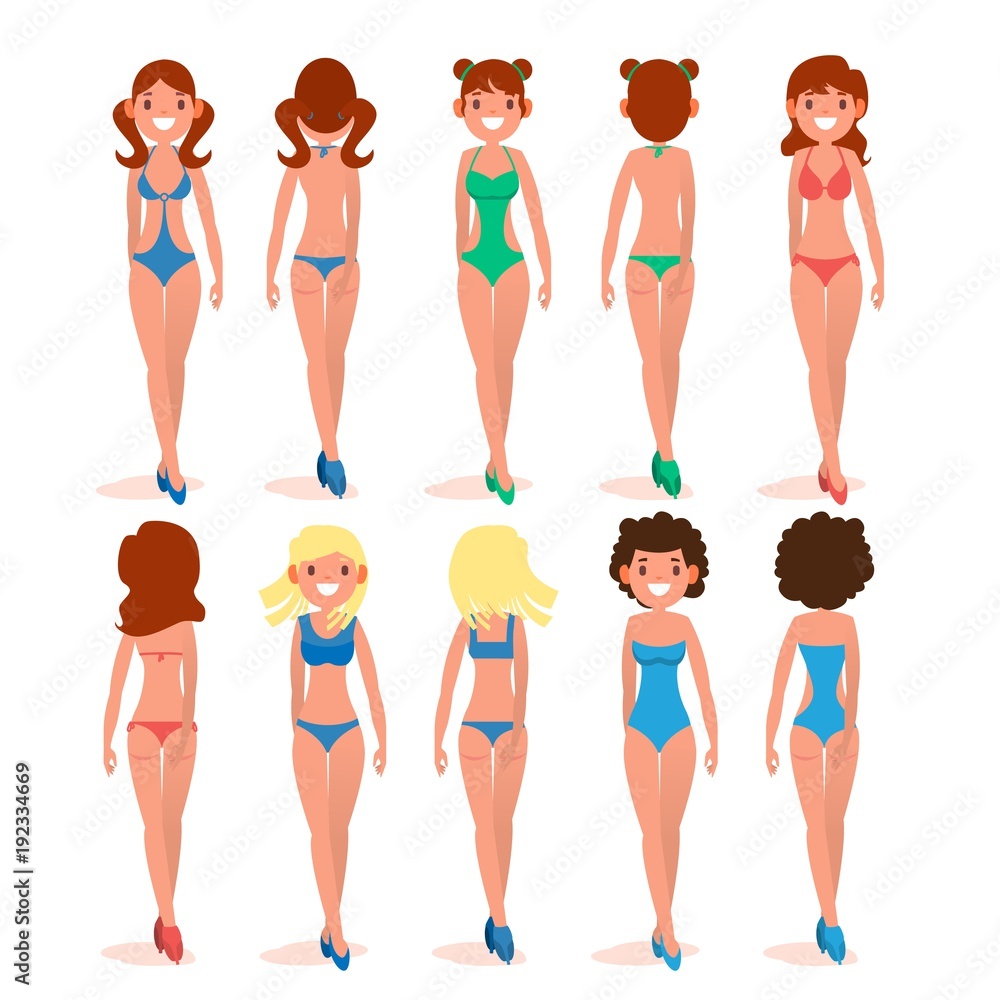 Women s Swimsuit Set Vector. Beautiful Girls In Bathing Suits Of Different  Types. Various Types. Fashion Bikini Collection. Isolated Flat Illustration  Stock Vector