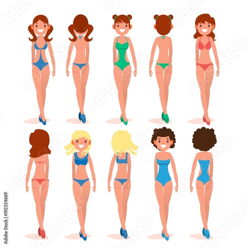 Women s Swimsuit Set Vector. Beautiful Girls In Bathing Suits Of Different Types. Various Types. Fashion Bikini Collection. Isolated Flat Illustration
