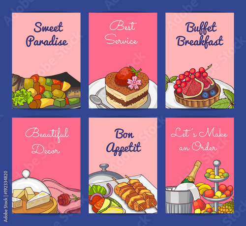 Vector card or flyer templates with hand drawn restaurant