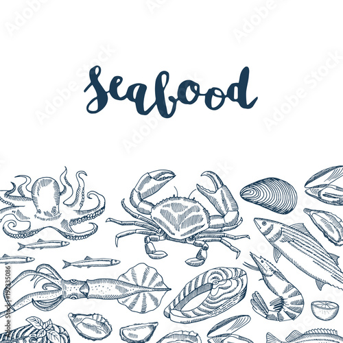 Vector background illustration with hand drawn seafood elements and lettering
