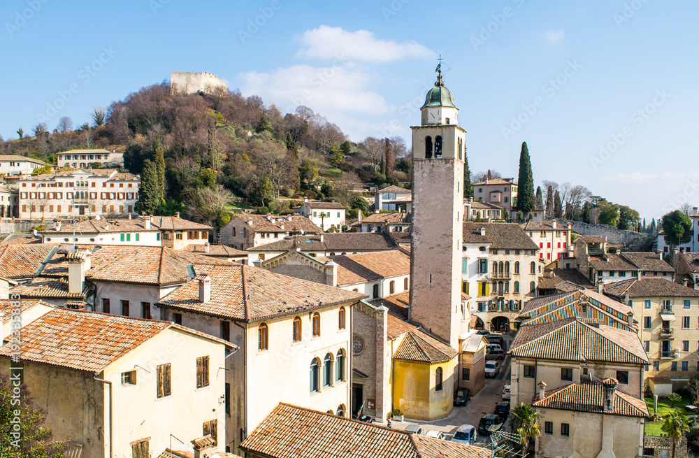 Panorama of the village of Asolo,Italy,12 February 2018,the village of Asolo 12th century, province of Treviso,winter panorama of a medieval town