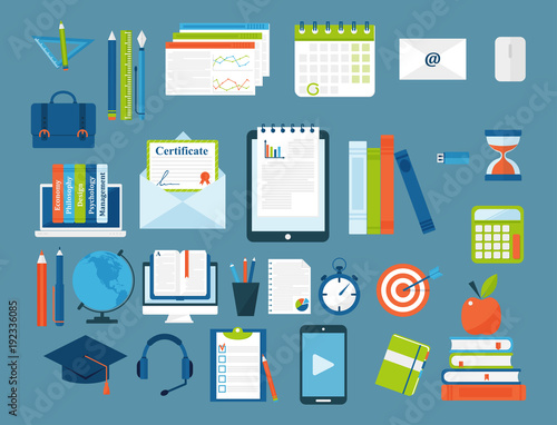 Online education vector staff training book store distant educationary icons learning knowledge illustration