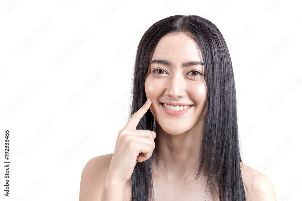 Beautiful Asian Woman Portrait. Beautiful Woman looking to camera. Korean Woman Touching her Face. People with Youth and Skin Care Concept. isolated on white background. Beautiful Asian Woman Portrait. Beautiful Woman looking to camera. Korean Woman Touching her Face. People with Youth and Skin Care Concept. isolated on white background.