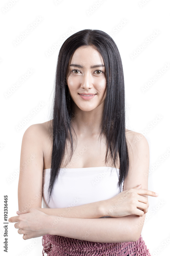 Beautiful Asian Woman Portrait. Beautiful Woman looking to camera. Korean Woman Touching her Face. People with Youth and Skin Care Concept. isolated on white background. Beautiful Asian Woman Portrait. Beautiful Woman looking to camera. Korean Woman Touching her Face. People with Youth and Skin Care Concept. isolated on white background.