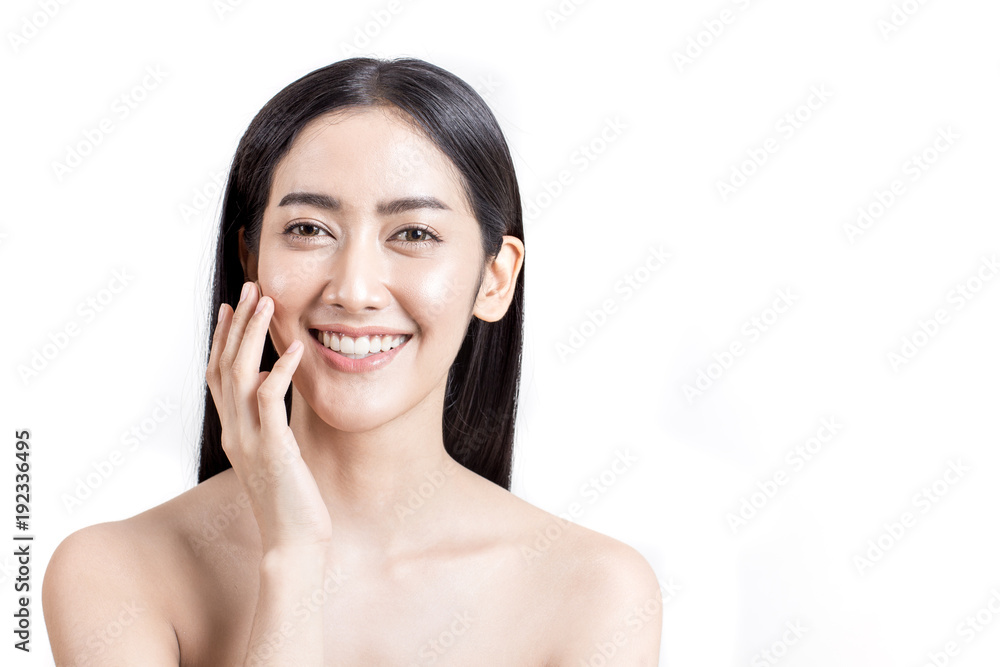 Beautiful Asian Woman Portrait. Beautiful Woman looking to camera. Korean Woman Touching her Face. People with Youth and Skin Care Concept. isolated on white background. Beautiful Asian Woman Portrait. Beautiful Woman looking to camera. Korean Woman Touching her Face. People with Youth and Skin Care Concept. isolated on white background.
