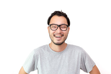 Closeup portrait of happy asian man face, isolated on white background with copy space.