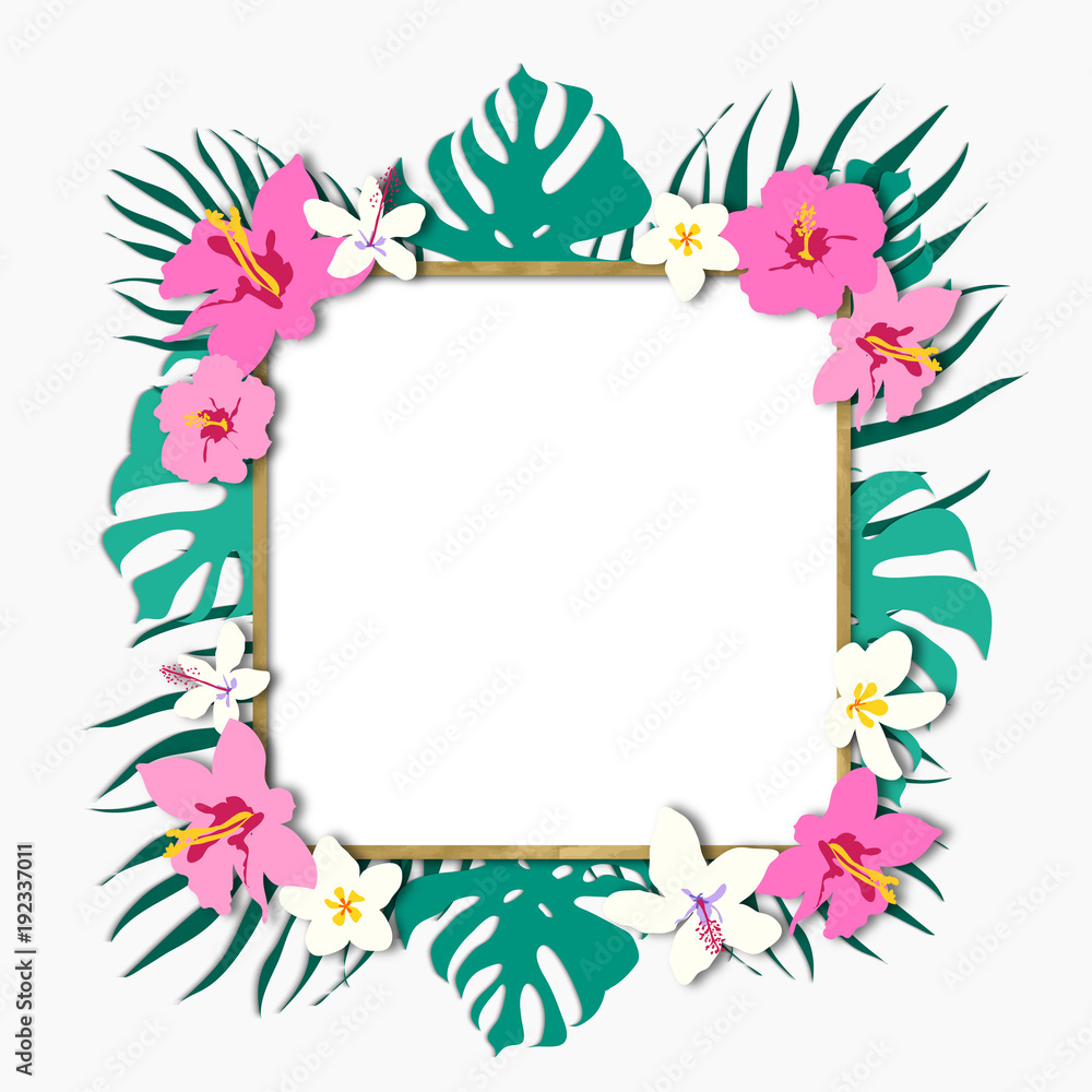Trendy Tropical Leaves frame with rose gold decorative color. Trendy luxury nude background color.Beautiful pink and white tropic flowers.