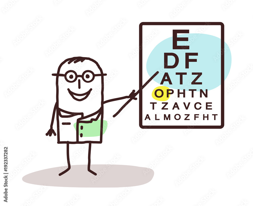 Cartoon Ophtalmologist with Signs on Board Cartoon Ophtalmologist with Signs on Board