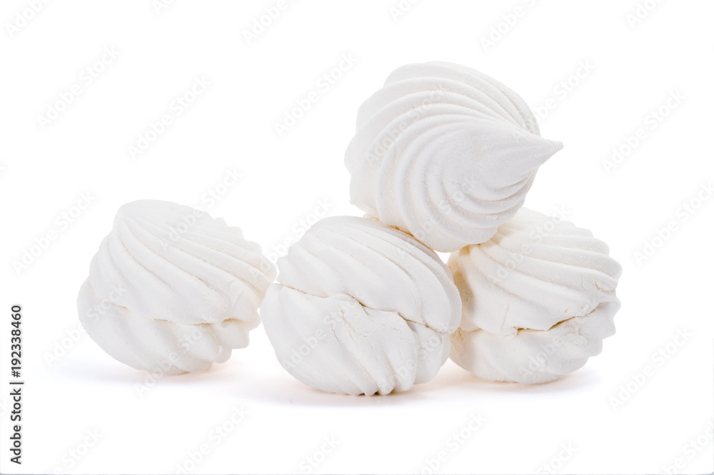 Sweet dessert group of zephyr marshmallows isolated on white background Sweet dessert group of zephyr marshmallows isolated on white background