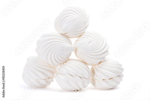 Sweet dessert group of zephyr marshmallows isolated on white background