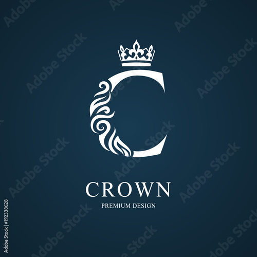 Elegant letter C with crown. Graceful royal style. Calligraphic beautiful logo. Vintage drawn emblem for book design, brand name, business card, Restaurant, Boutique, Hotel. Vector illustration