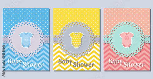 Baby shower cards. Cute invitation for baby shower party lacy frames. Vector illustration. Set greeting background for boy and girl with bodysuit. Holiday templates of die laser cutting.