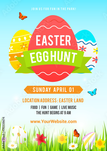 Easter egg hunt poster vector illustration. Colorful Easter egg with spring meadow.