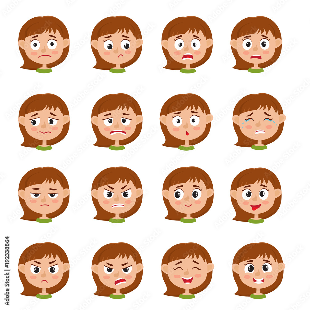 Little girl face expression, set of cartoon vector illustrations Little girl face expression, set of cartoon vector illustrations