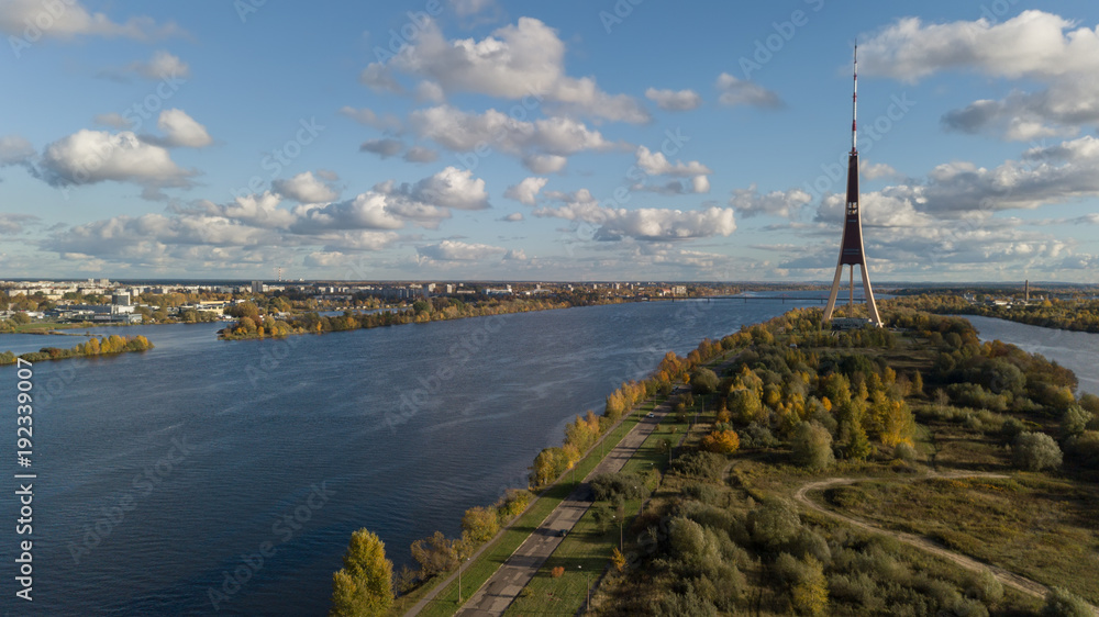Riga Latvia Tv Tower Zakusala Europe biggest Aerial drone top view
