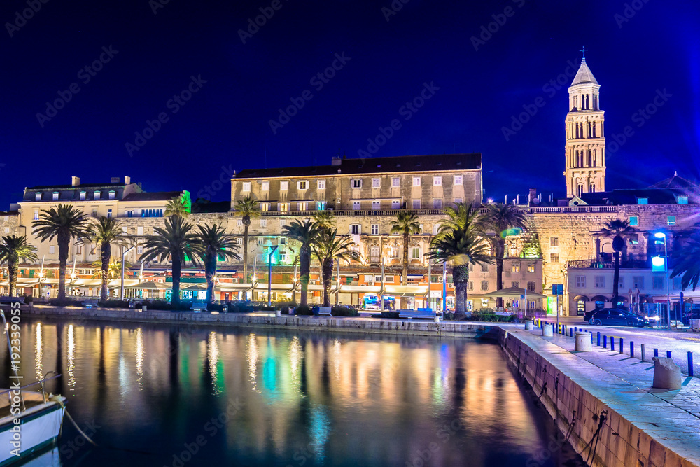 Split city night landmarks. / Scenic view at evening time in coastal town Split, famous european summer travel destination in Europe, Croatia.