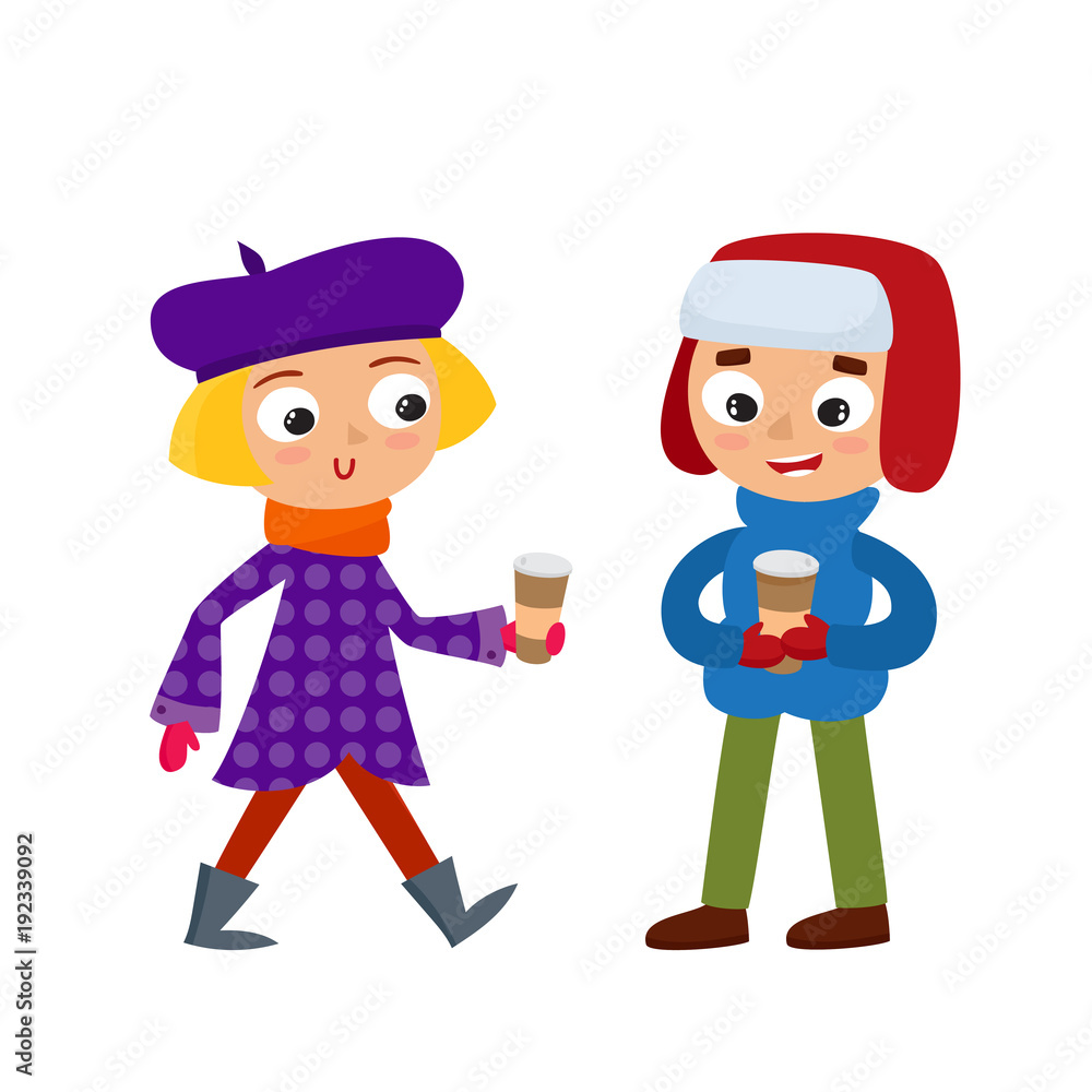 Set of young teenage in winter clothes with coffee