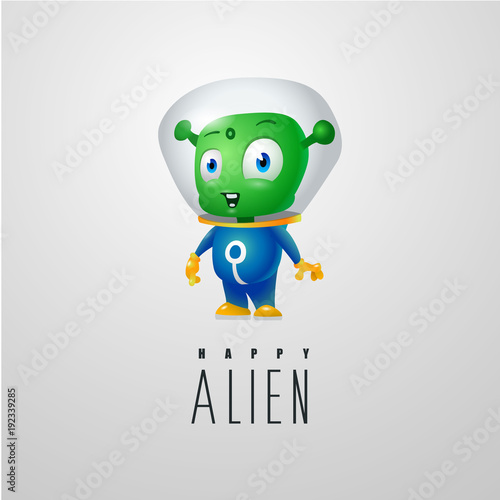 funny cartoon alien in the space suit, a friendly green Martian, character for the company in the modern 3D style