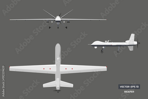 3d image of military drone. Top, front and side view. Army aircraft for intelligence and attack.  Industrial isolated drawing