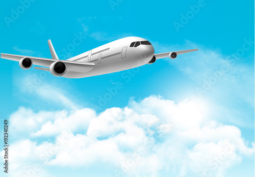 Travel background with an airplane and white clouds. Vector.