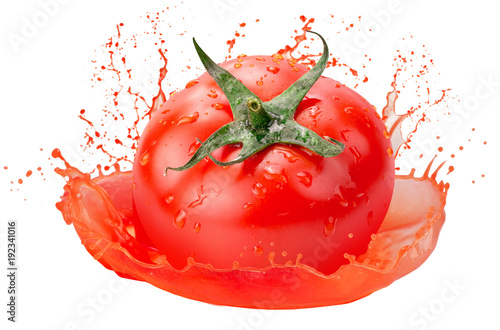 tomato in juice splash isolated on a white background