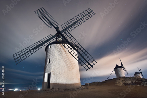 Don Quixote windmills at night. Famous landmark in Consuegra, Toledo Spain.